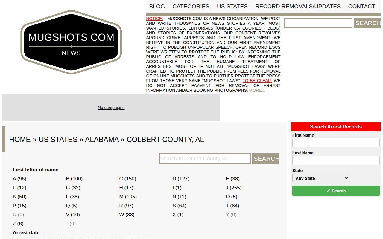 Colbert County arrest news historical mugshot archive search interface