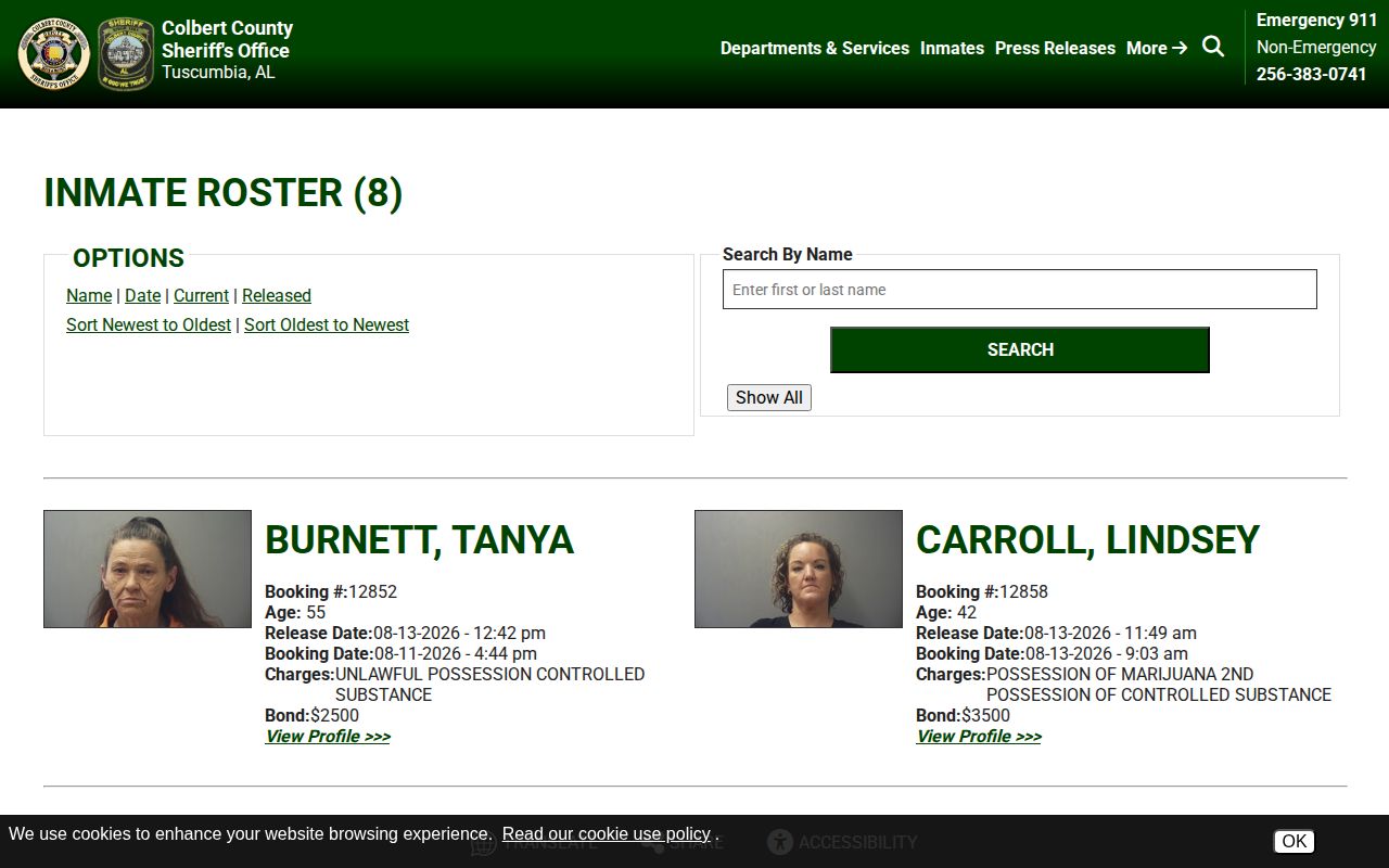 Colbert County 48-hour release booking record interface