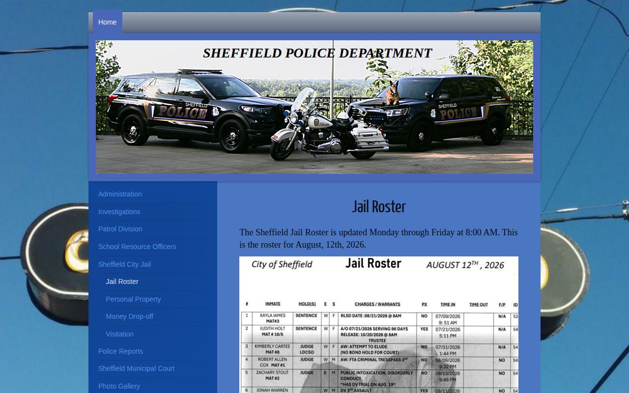Sheffield Police city jail arrest roster interface in Colbert County